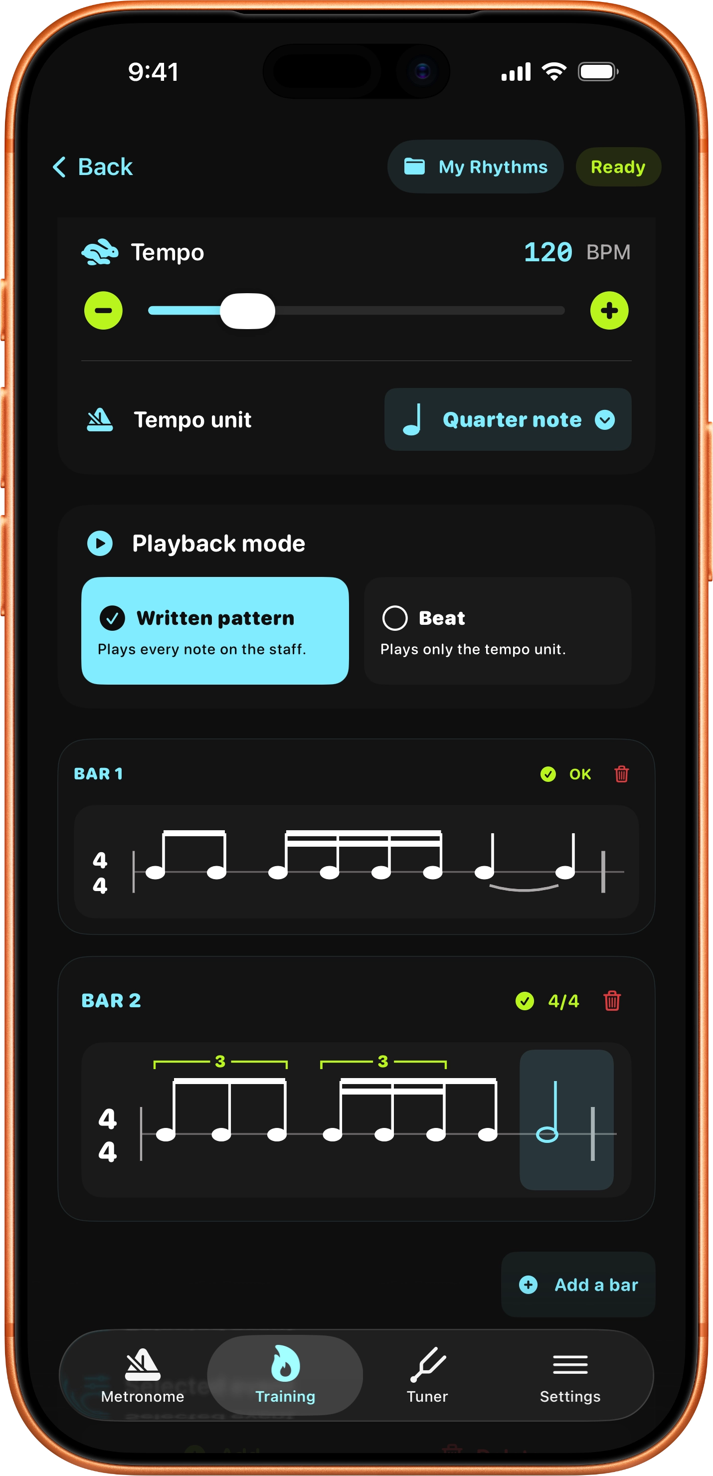 TempoMetro Rhythm Creator with two written bars