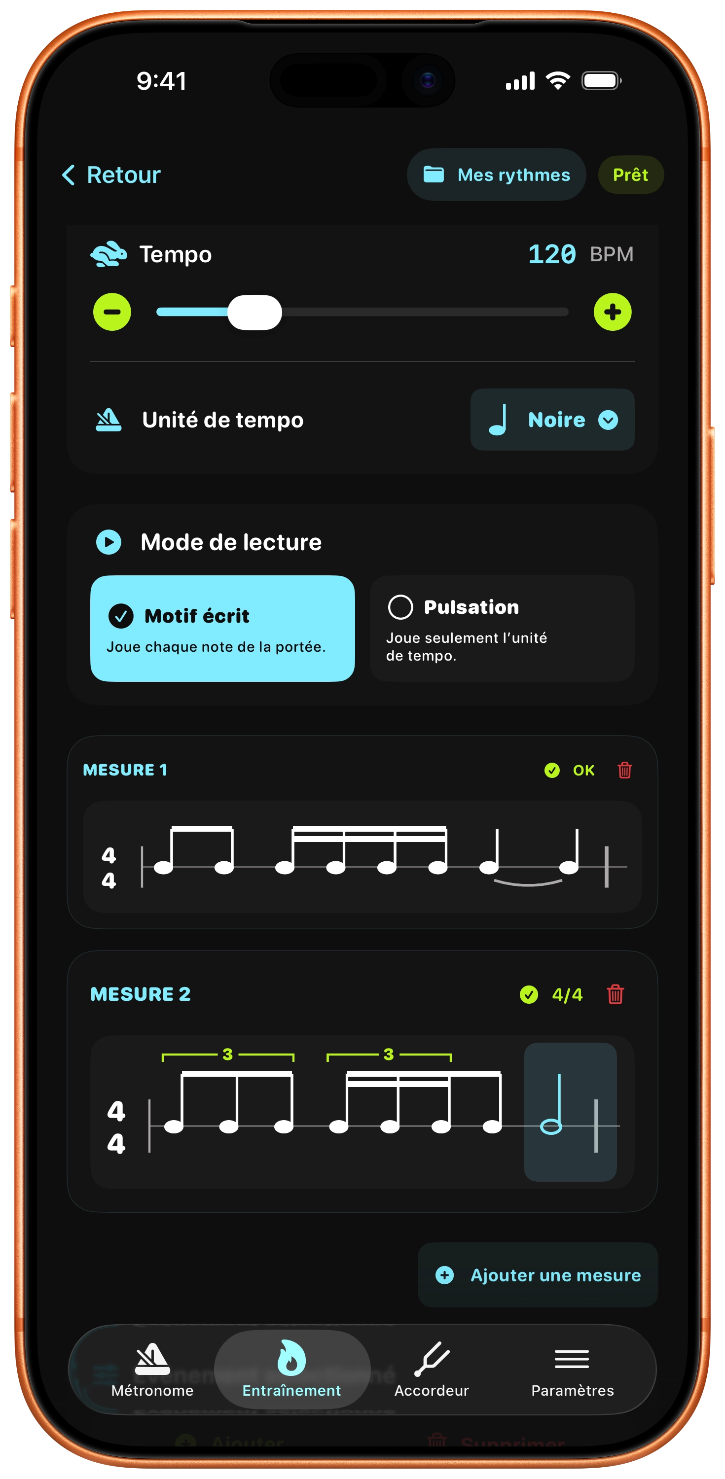 Créateur de rythmes TempoMetro avec deux mesures écrites