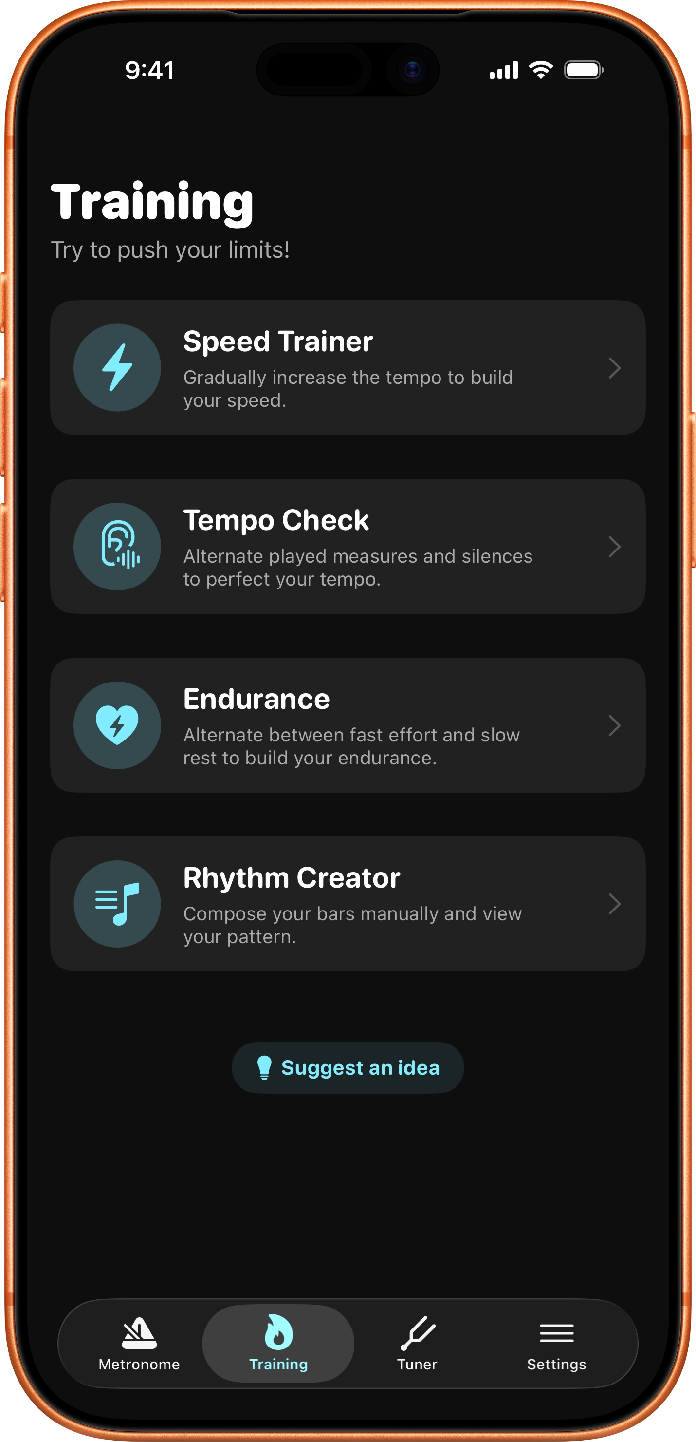 TempoMetro training list with Speed Trainer, Tempo Check and Endurance