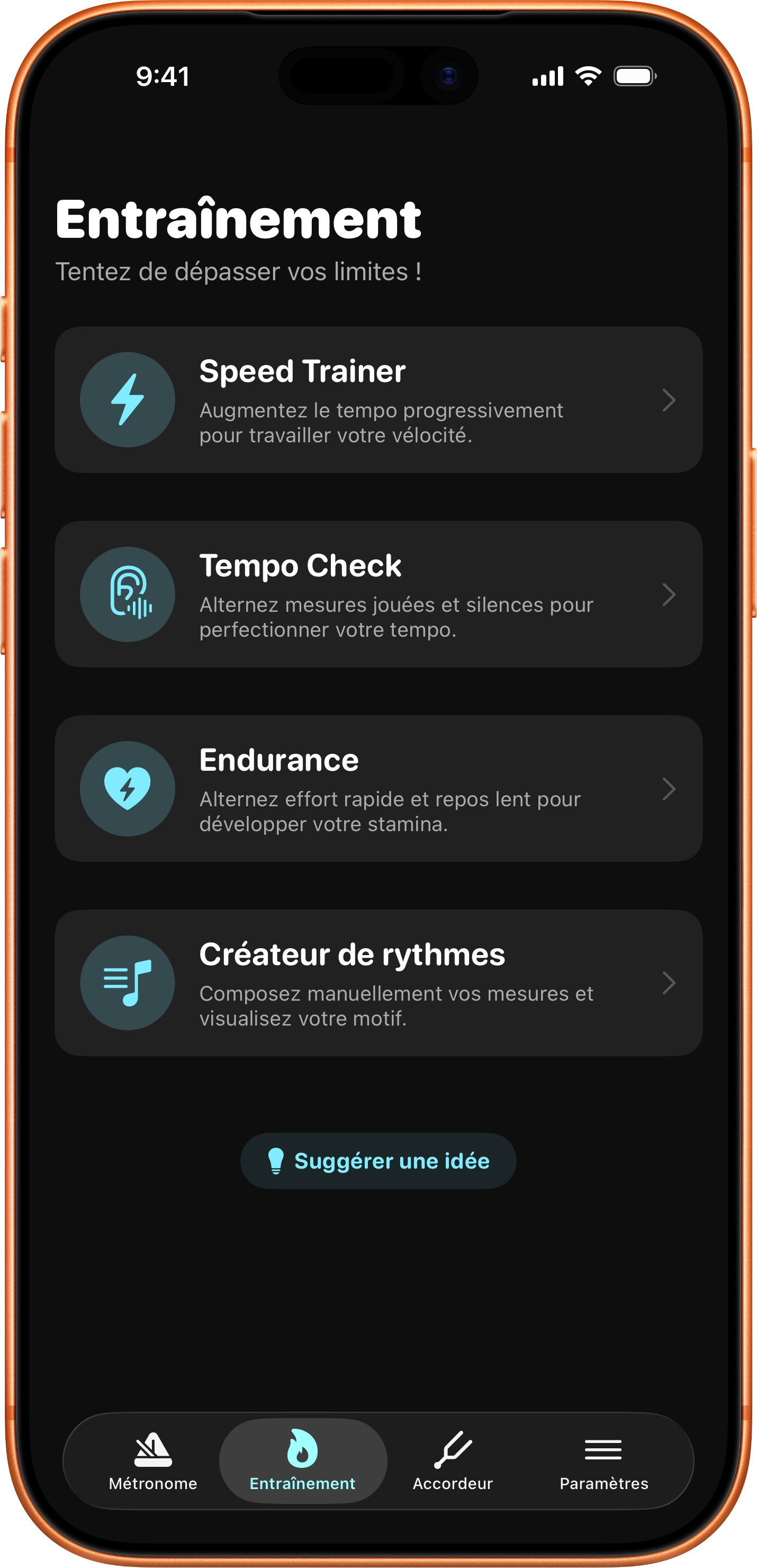 Liste des entraînements TempoMetro : Speed Trainer, Tempo Check et Endurance